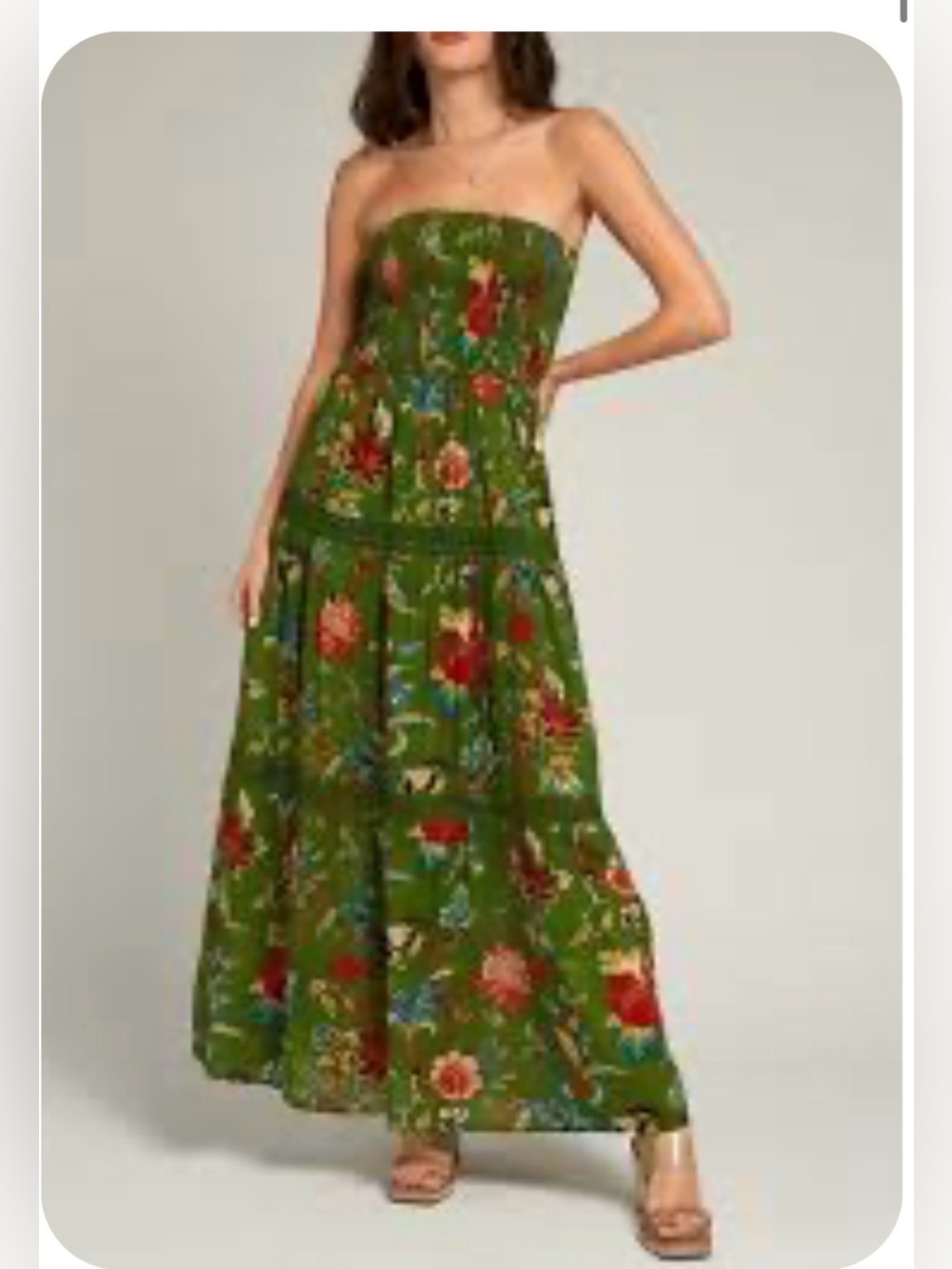 En Creme Strapless Maxi Dress Small Green   Flowers Sundress
